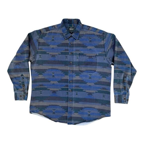 Vintage 90’s Woolrich Blue Aztec Navajo Print Button Down Long Sleeve Shirt L - Picture 1 of 4